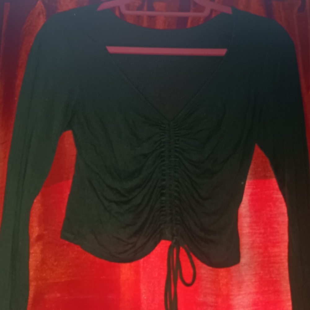 Black Ruched Long Sleeve Tie Front Blouse